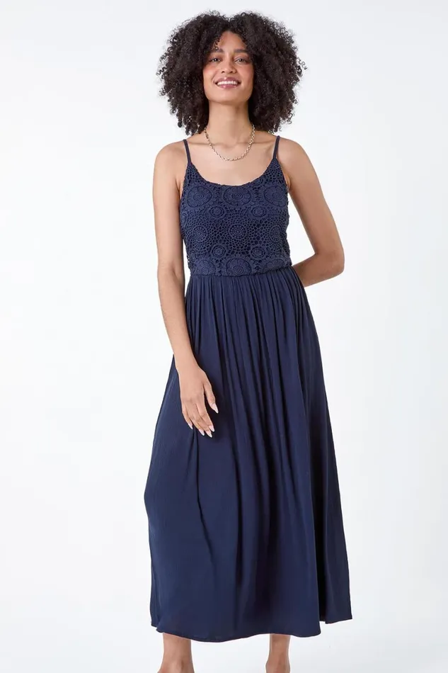 Women Lace Bodice Shirred Midi Dress Roman Dresses