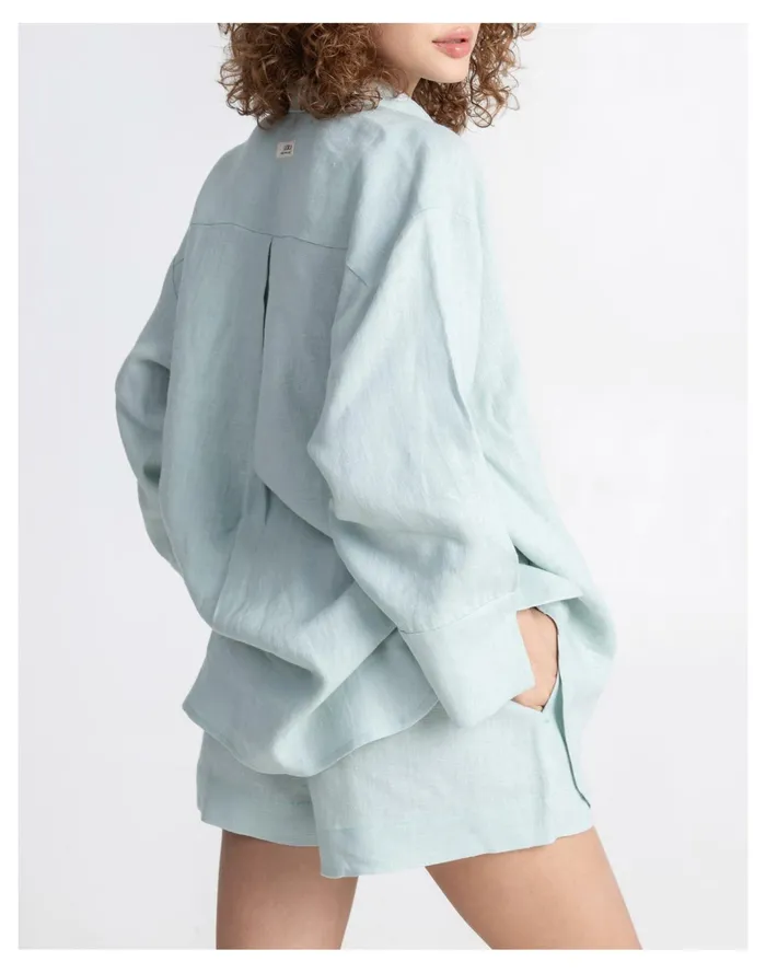 Women LERA Linen Summer Shorts Set Aqua Blue Madewell Pajamas Women LERA Linen Summer Shorts Set Aqua Blue Madewell Pajamas