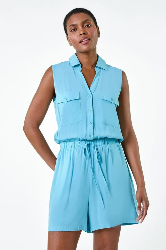 Women Light Blue Button Through Utility Playsuit Roman Dresses