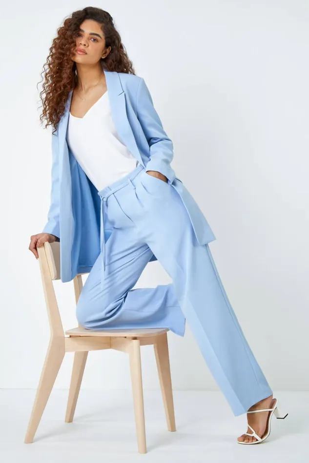 Women Light Blue Crepe Stretch Straight Leg Trousers Roman Trousers