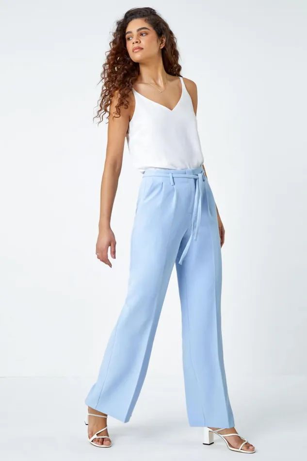 Women Light Blue Crepe Stretch Straight Leg Trousers Roman Trousers