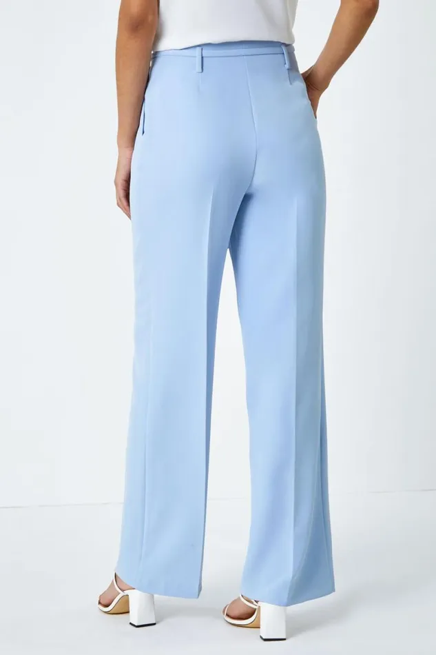 Women Light Blue Crepe Stretch Straight Leg Trousers Roman Trousers
