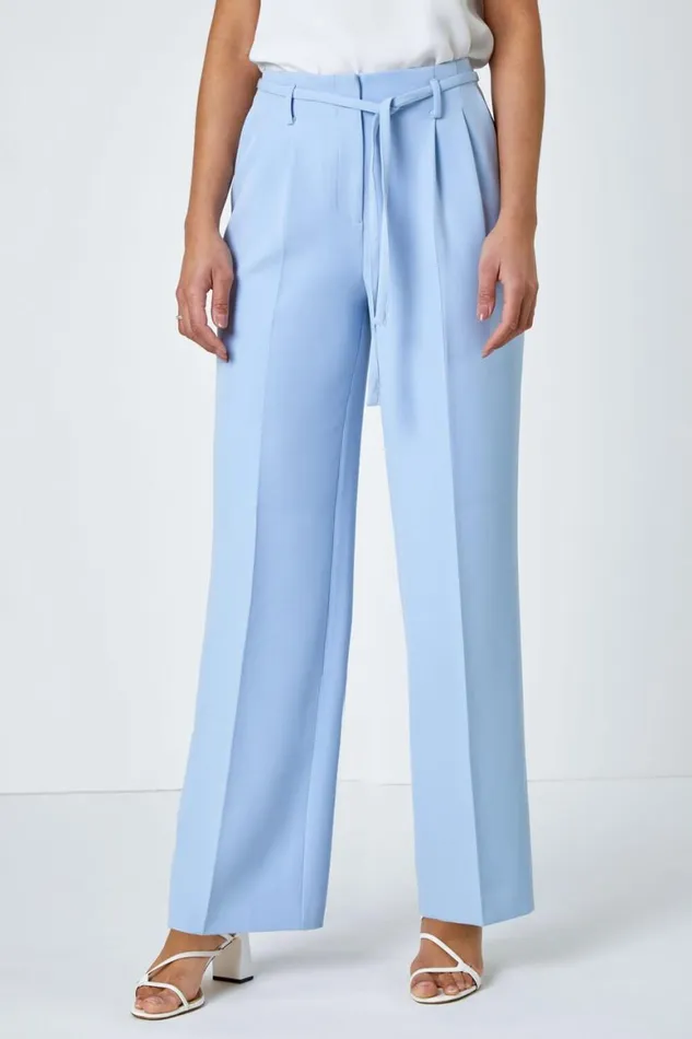 Women Light Blue Crepe Stretch Straight Leg Trousers Roman Trousers