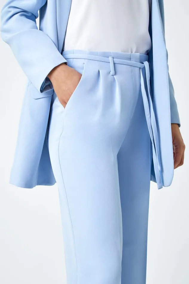 Women Light Blue Crepe Stretch Straight Leg Trousers Roman Trousers