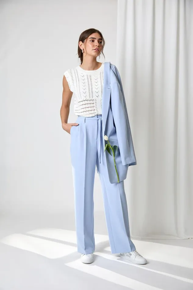 Women Light Blue Crepe Stretch Straight Leg Trousers Roman Trousers