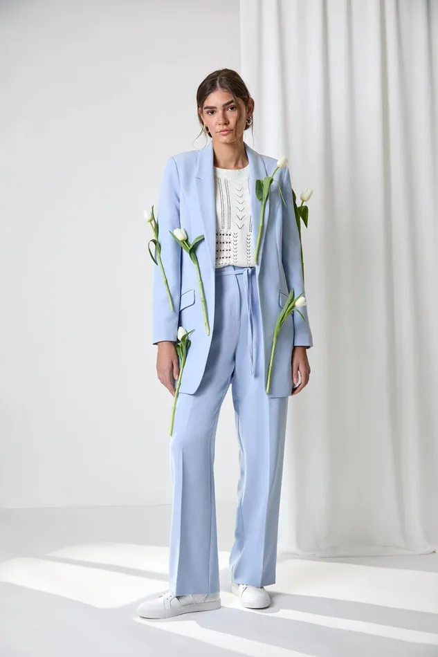 Women Light Blue Crepe Stretch Straight Leg Trousers Roman Trousers