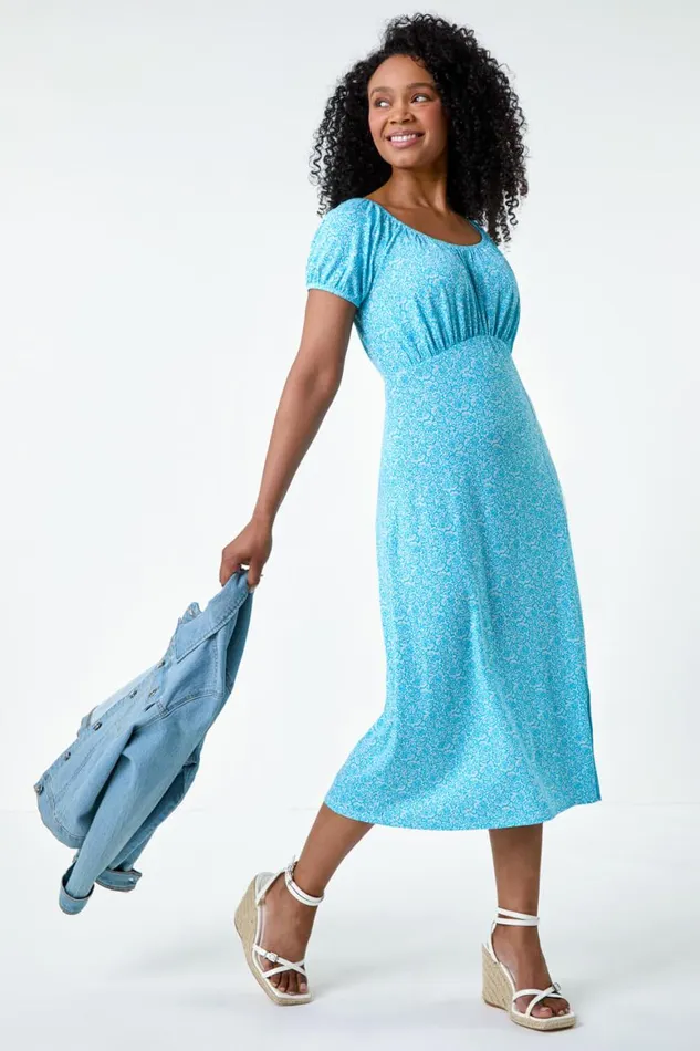 Women Light Blue Petite Ditsy Print Midi Stretch Dress Roman Dresses