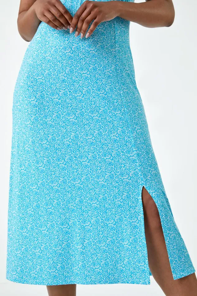 Women Light Blue Petite Ditsy Print Midi Stretch Dress Roman Dresses