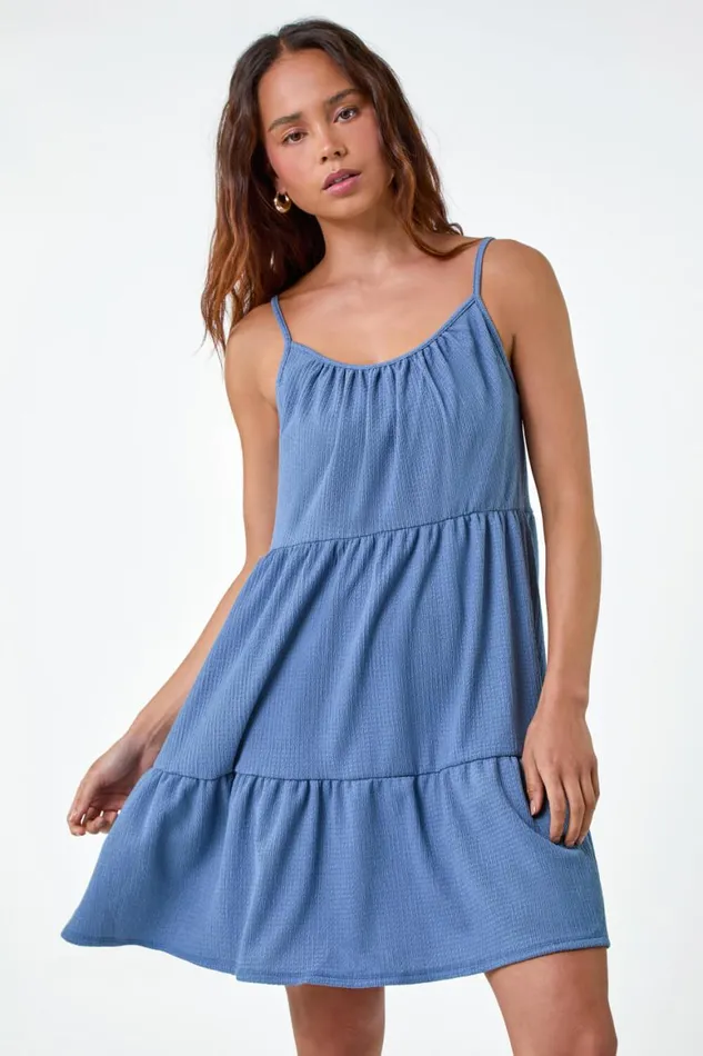 Women Light Blue Petite Textured Stretch Strappy Smock Dress Roman Dresses