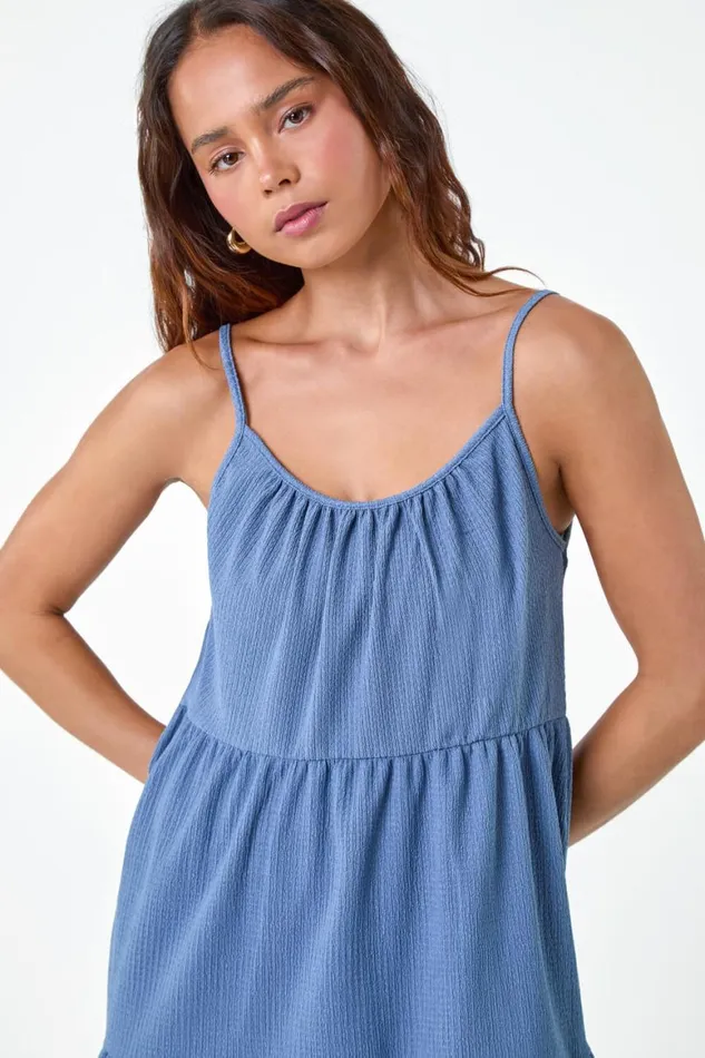 Women Light Blue Petite Textured Stretch Strappy Smock Dress Roman Dresses
