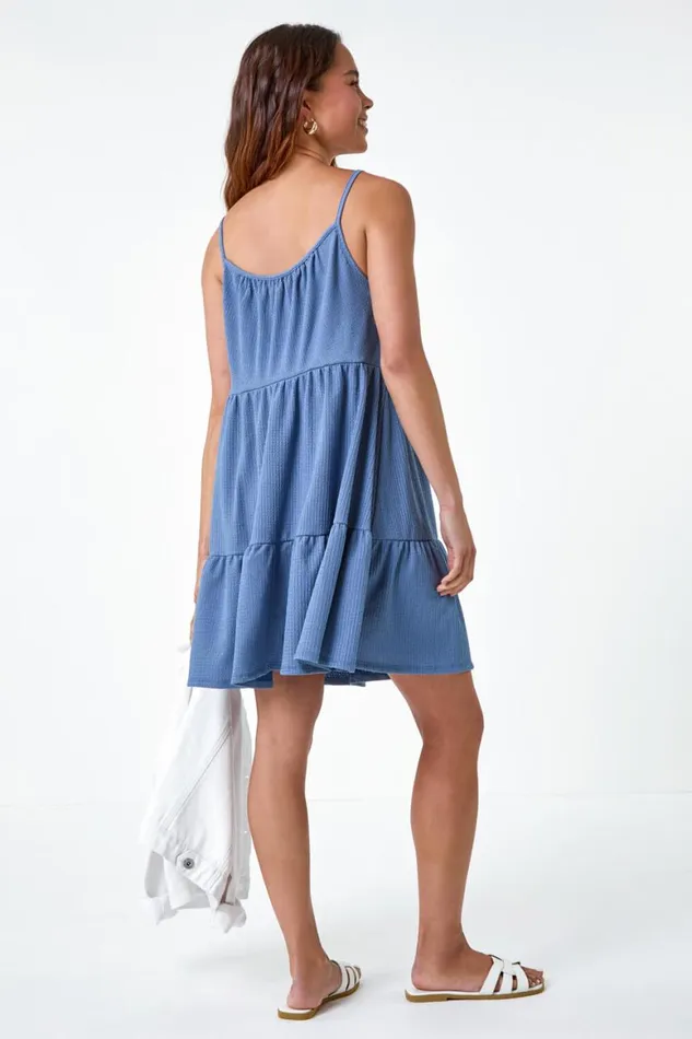 Women Light Blue Petite Textured Stretch Strappy Smock Dress Roman Dresses
