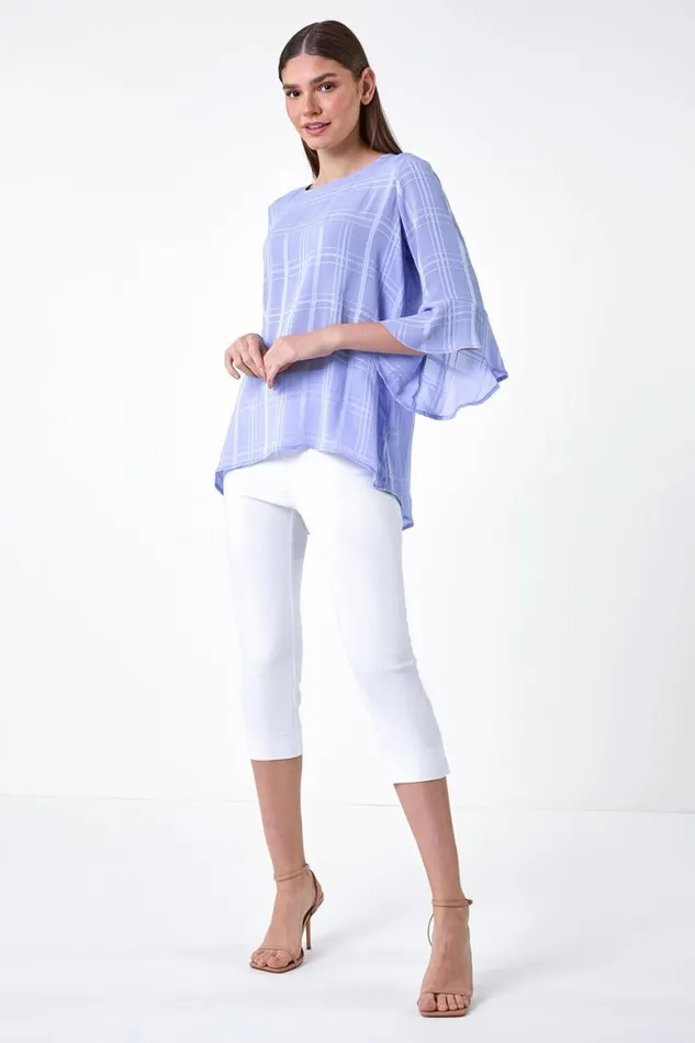 Women Light Blue Satin Stripe Frill Sleeve Top Roman Tops