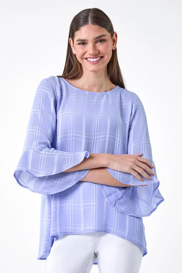 Women Light Blue Satin Stripe Frill Sleeve Top Roman Tops