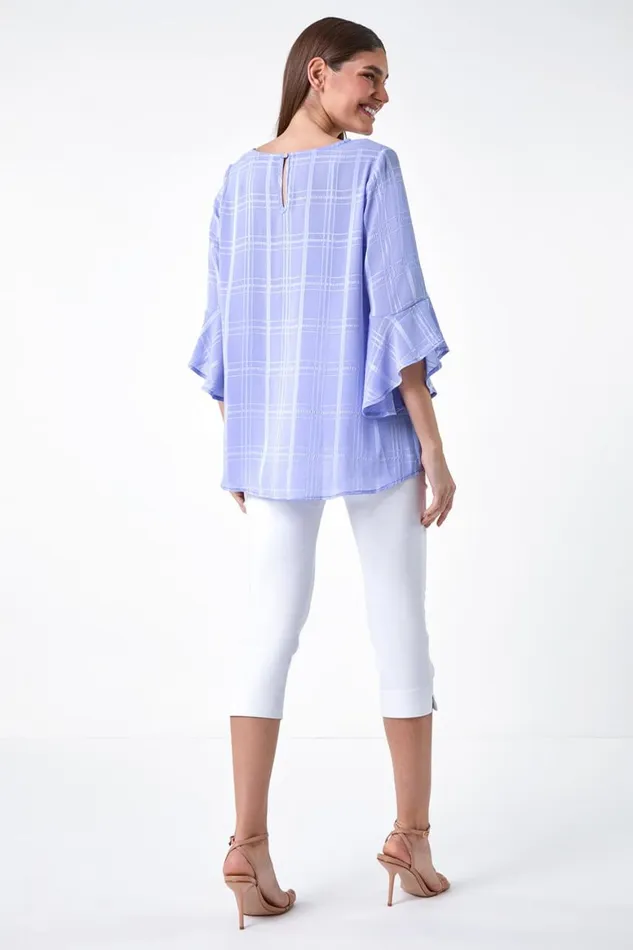 Women Light Blue Satin Stripe Frill Sleeve Top Roman Tops
