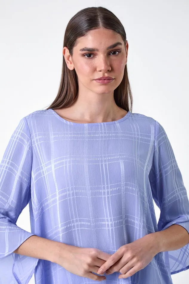 Women Light Blue Satin Stripe Frill Sleeve Top Roman Tops