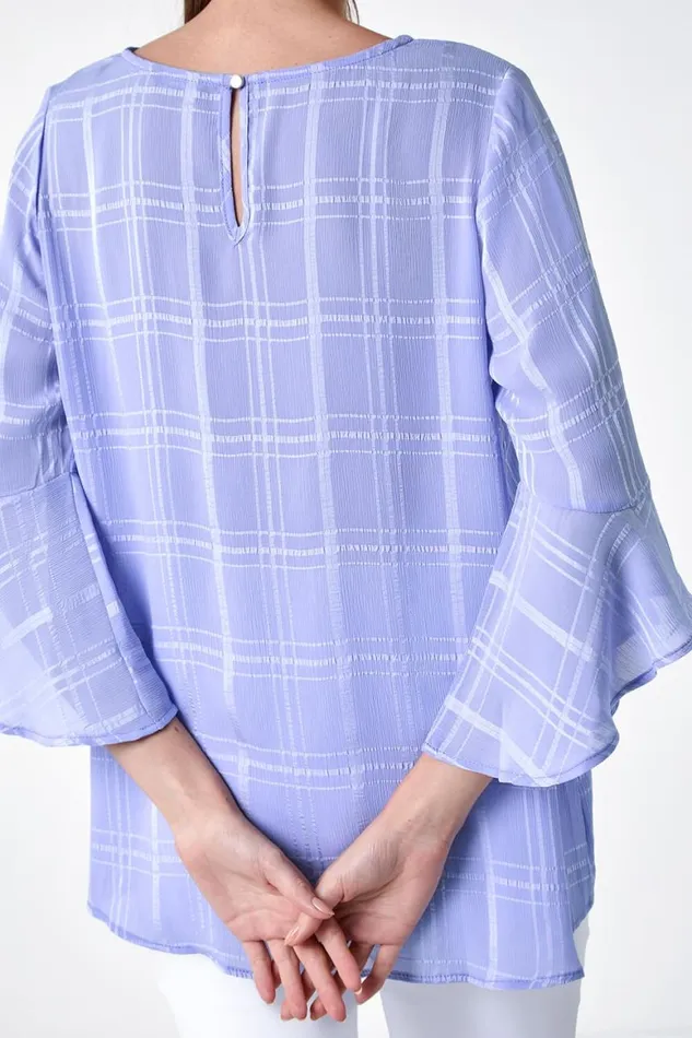 Women Light Blue Satin Stripe Frill Sleeve Top Roman Tops