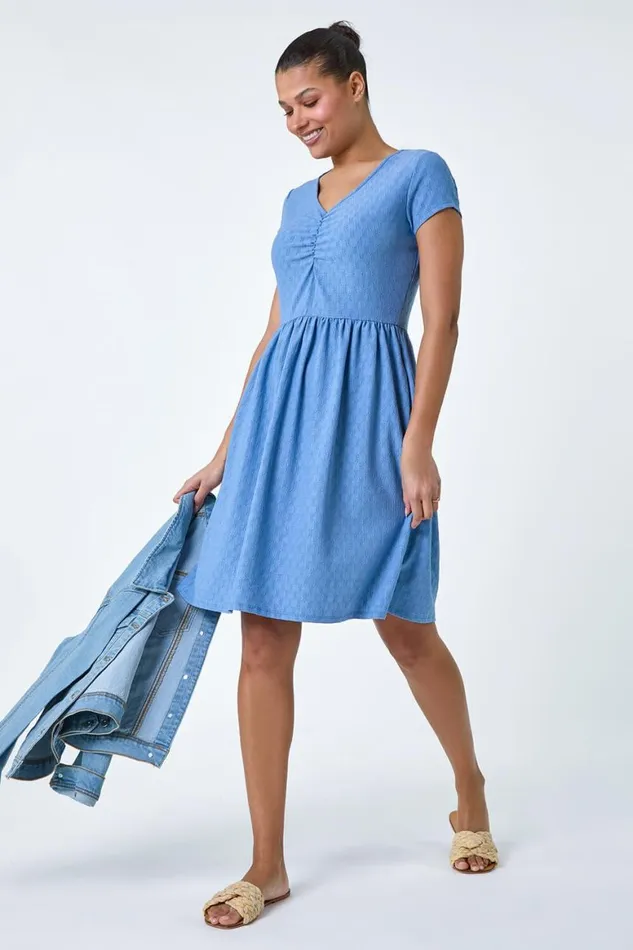 Women Light Blue Textured Ruched Stretch Jersey Dress Roman Dresses