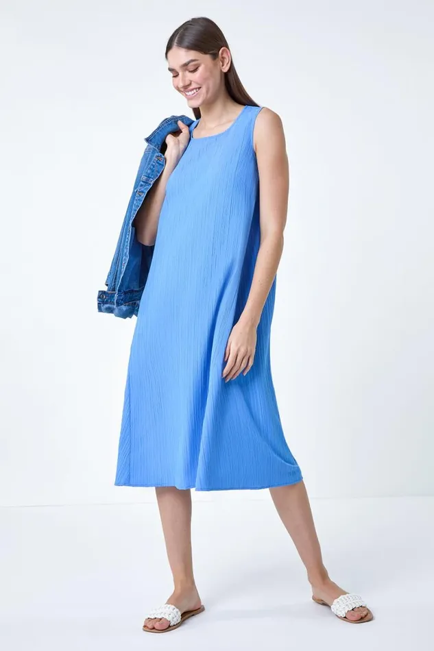 Women Light Blue Textured Sleeveless Midi Dress Roman Dresses