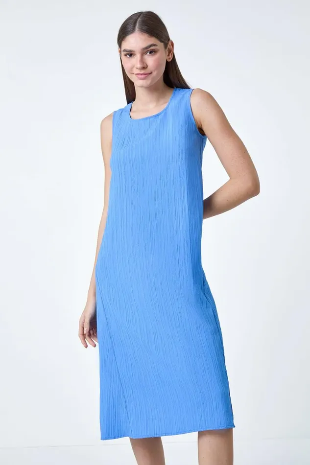 Women Light Blue Textured Sleeveless Midi Dress Roman Dresses