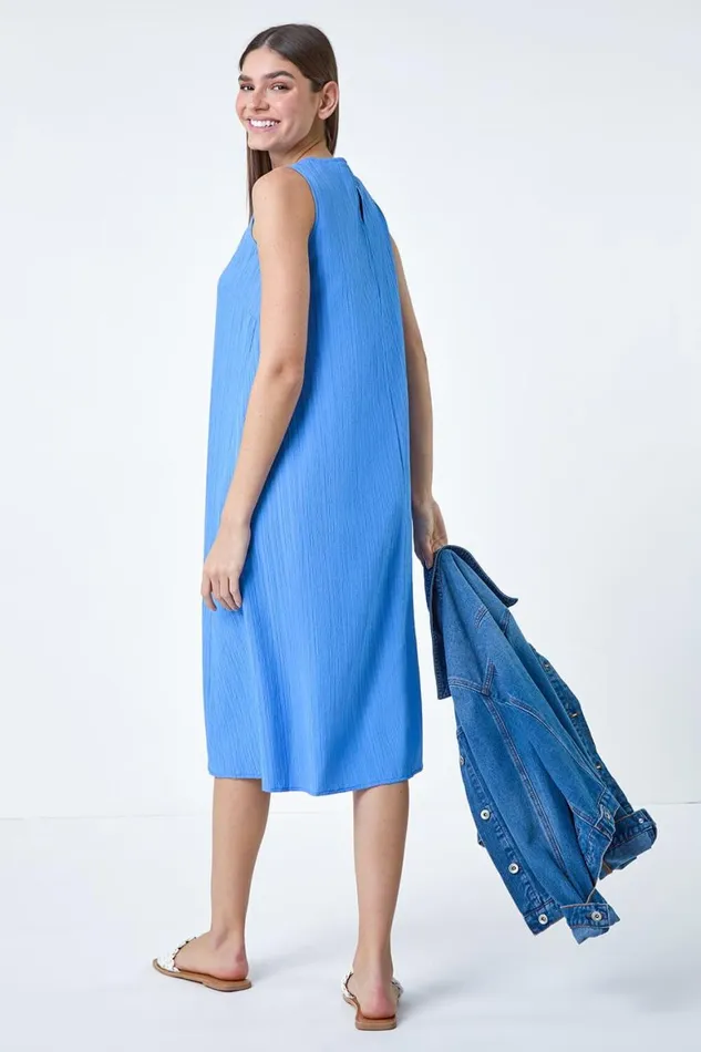 Women Light Blue Textured Sleeveless Midi Dress Roman Dresses