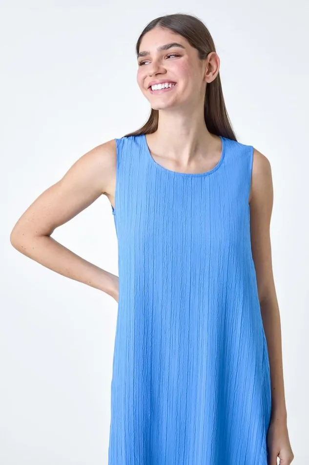 Women Light Blue Textured Sleeveless Midi Dress Roman Dresses