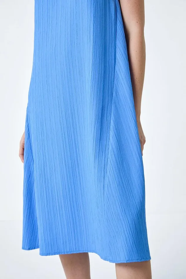 Women Light Blue Textured Sleeveless Midi Dress Roman Dresses