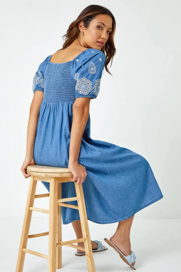 Women Light Denim Cotton Embroidered Denim Midi Dress Roman Dresses