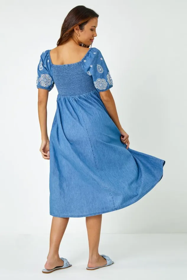 Women Light Denim Cotton Embroidered Denim Midi Dress Roman Dresses