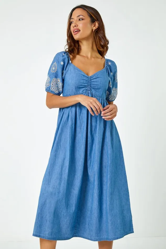 Women Light Denim Cotton Embroidered Denim Midi Dress Roman Dresses