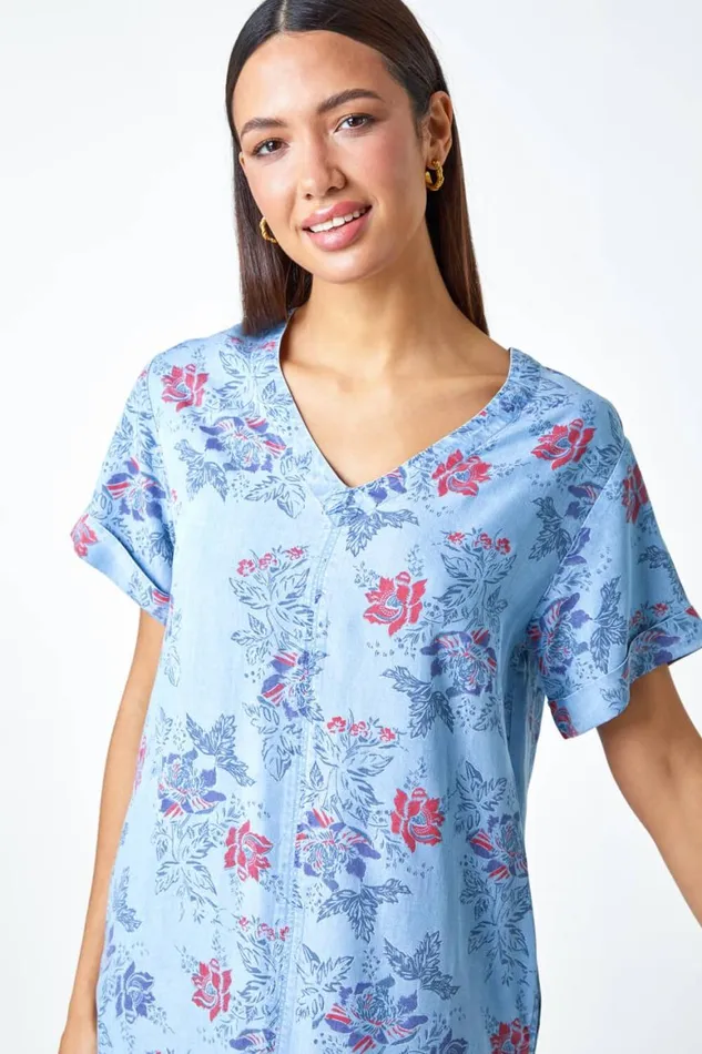 Women Light Denim Floral Print Denim Look Pocket Dress Roman Dresses