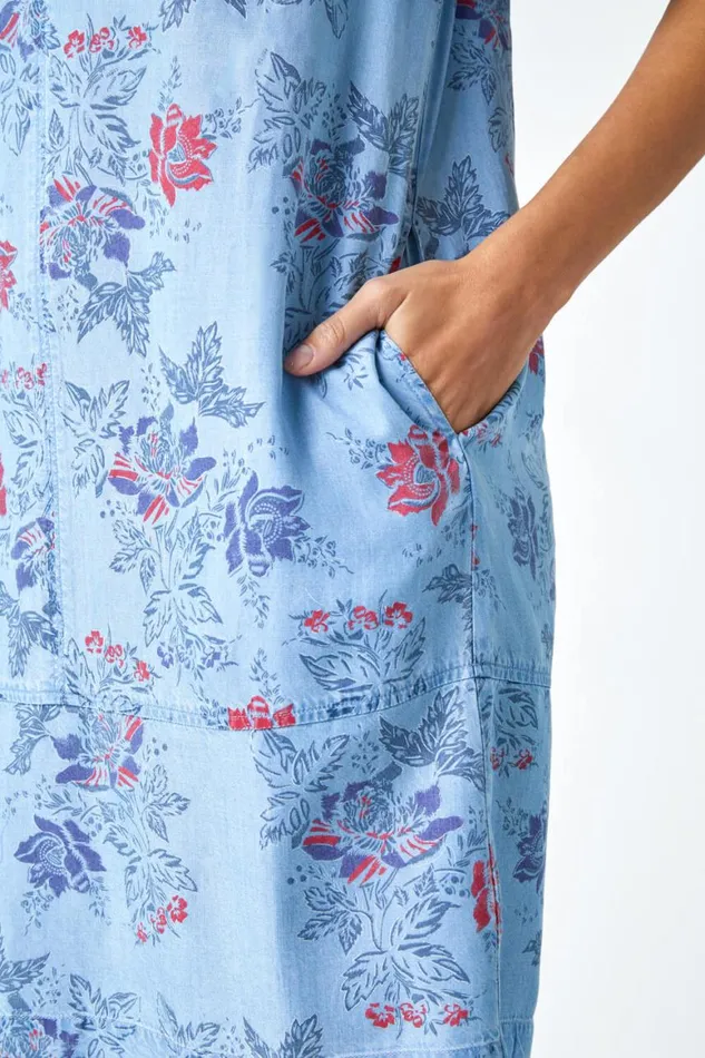 Women Light Denim Floral Print Denim Look Pocket Dress Roman Dresses