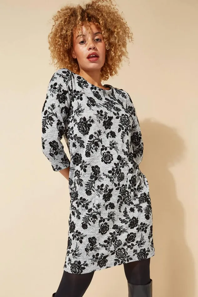 Women LightGrey Floral Flock Detail Shift Dress Roman Dresses