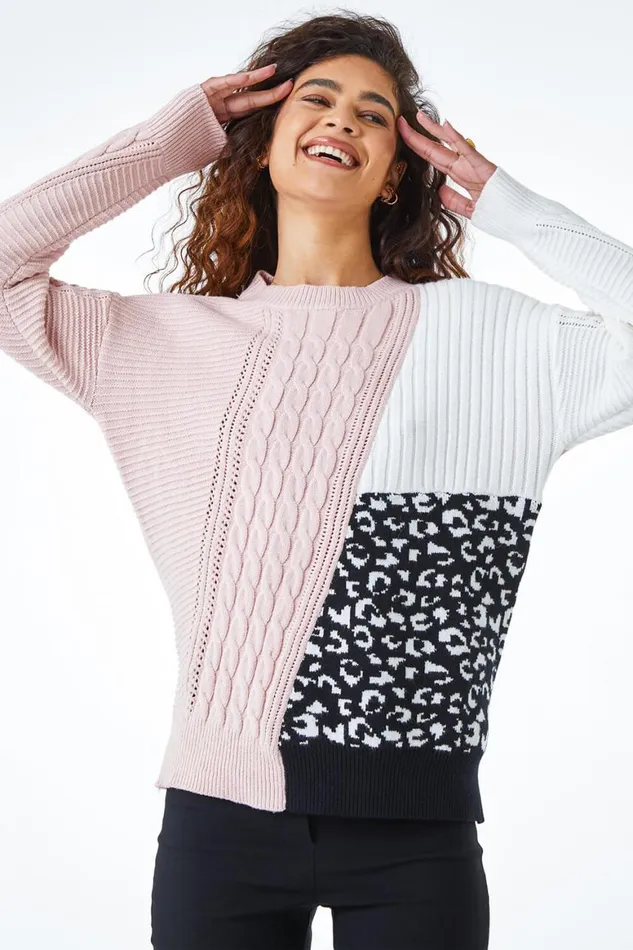 Women Light Pink Colour Block Animal Print Jumper Roman Knitwear