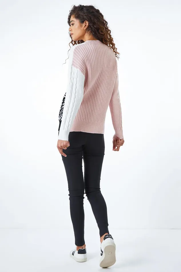 Women Light Pink Colour Block Animal Print Jumper Roman Knitwear