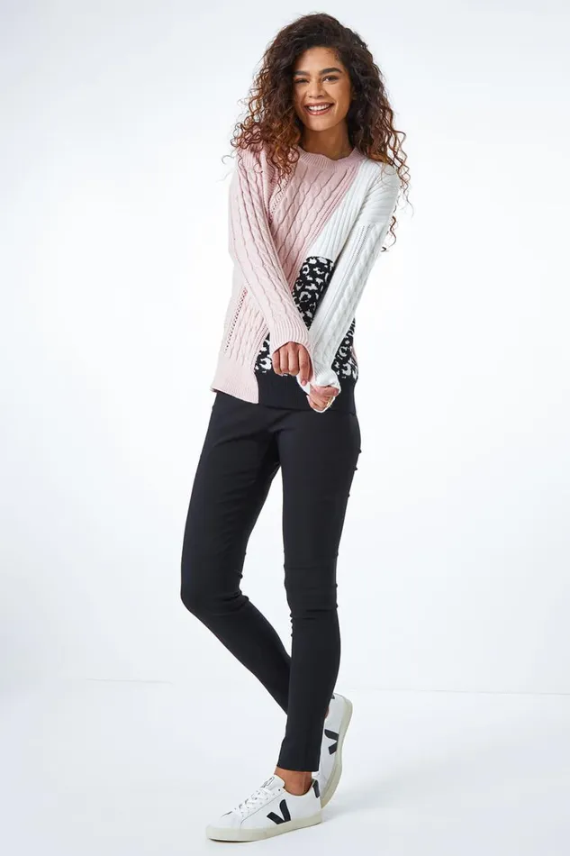 Women Light Pink Colour Block Animal Print Jumper Roman Knitwear