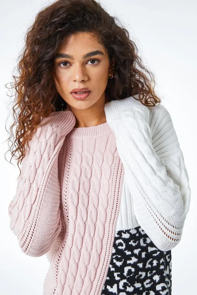 Women Light Pink Colour Block Animal Print Jumper Roman Knitwear