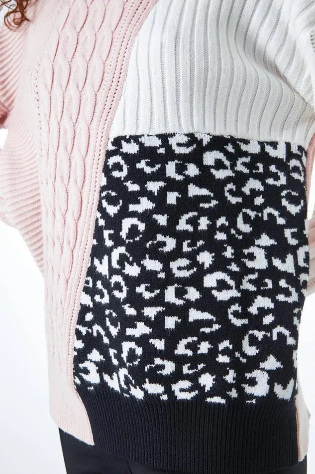 Women Light Pink Colour Block Animal Print Jumper Roman Knitwear