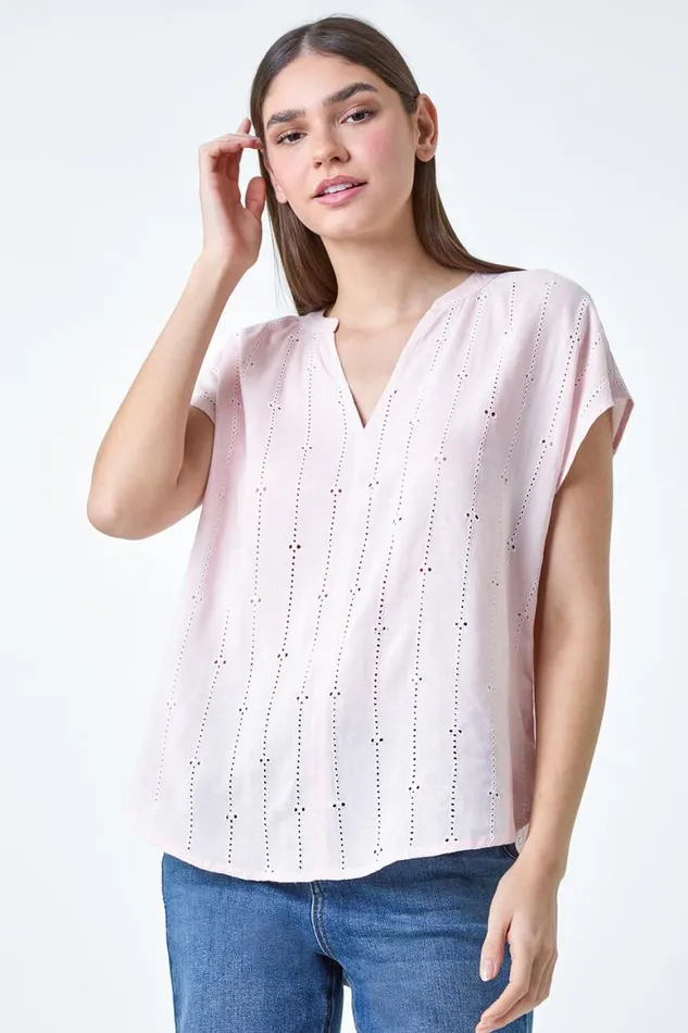 Women Light Pink Embroidered Stripe Notch Neck Top Roman Tops