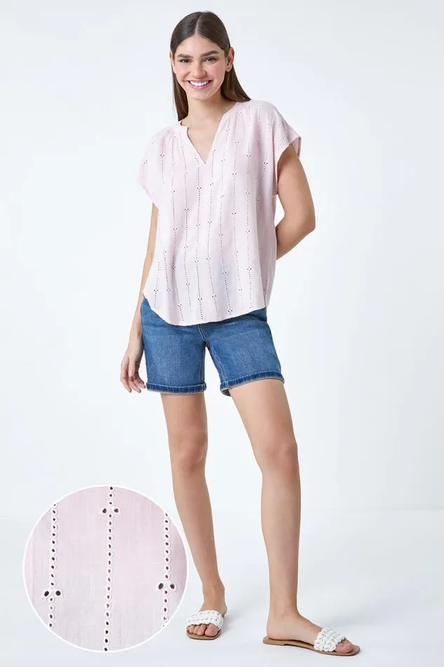 Women Light Pink Embroidered Stripe Notch Neck Top Roman Tops