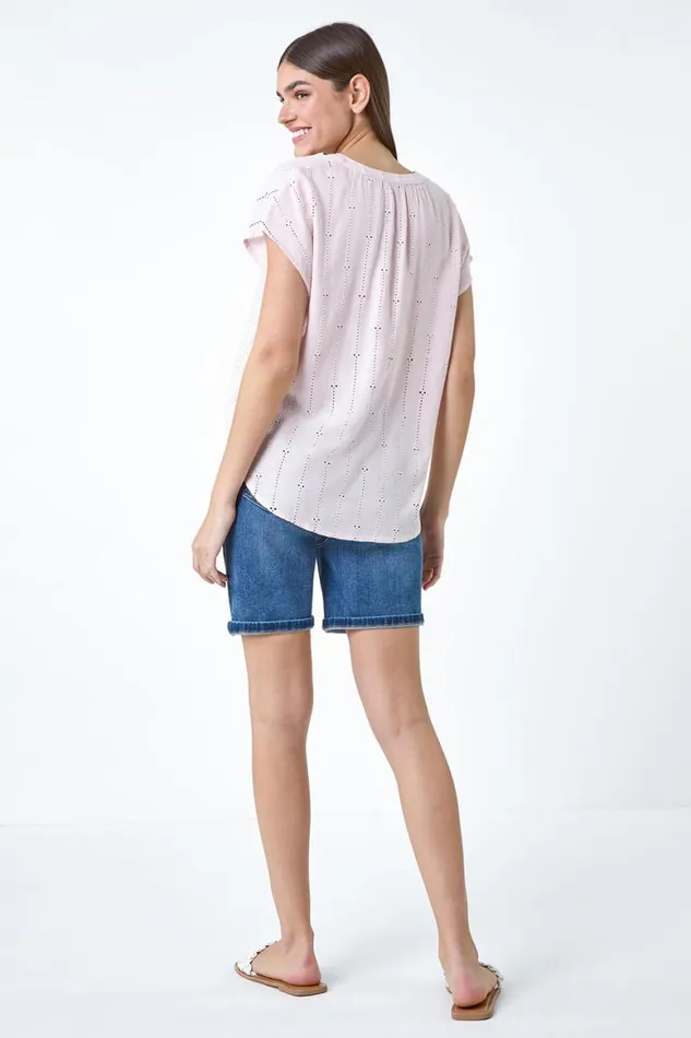 Women Light Pink Embroidered Stripe Notch Neck Top Roman Tops