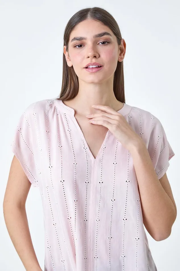 Women Light Pink Embroidered Stripe Notch Neck Top Roman Tops