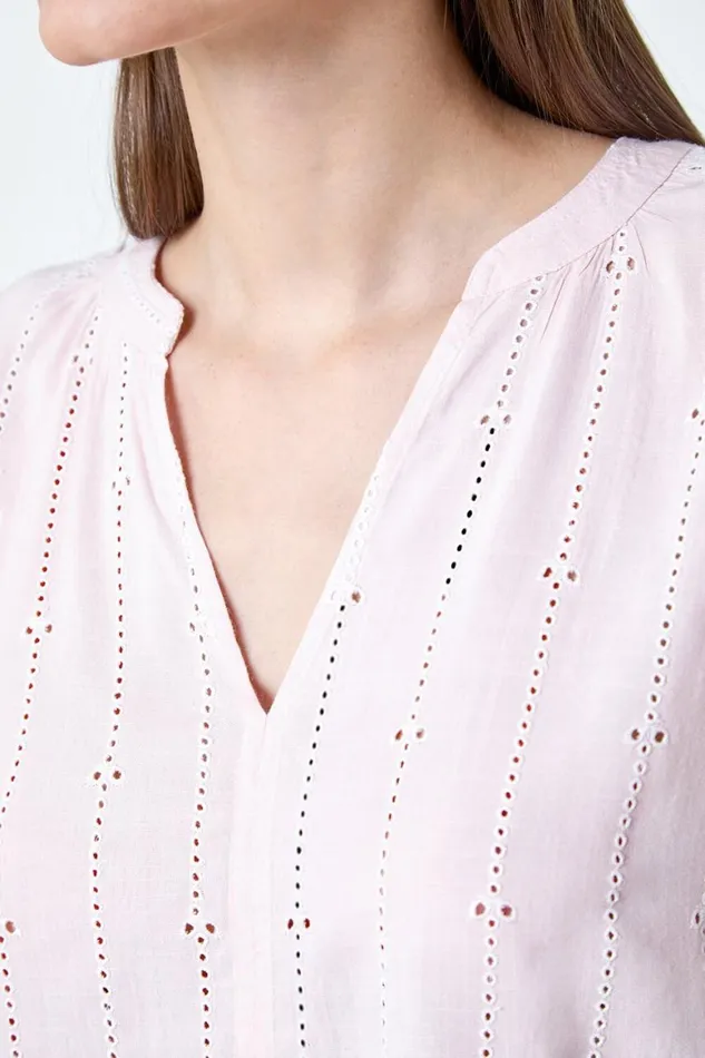 Women Light Pink Embroidered Stripe Notch Neck Top Roman Tops