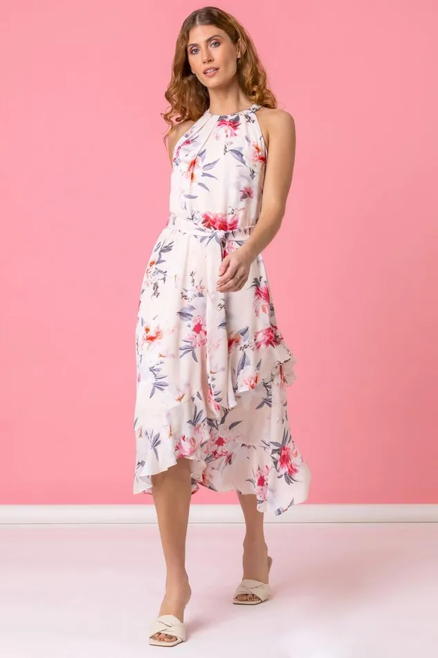 Women Light Pink Floral Asymmetric Belted Midi Dress Roman Dresses