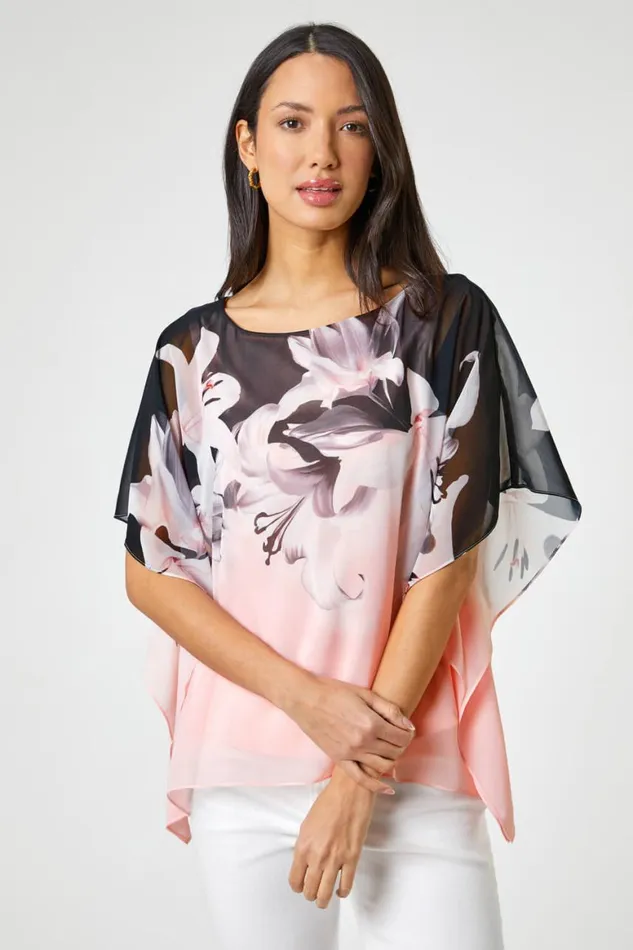 Women Light Pink Floral Border Print Overlay Top Roman Tops