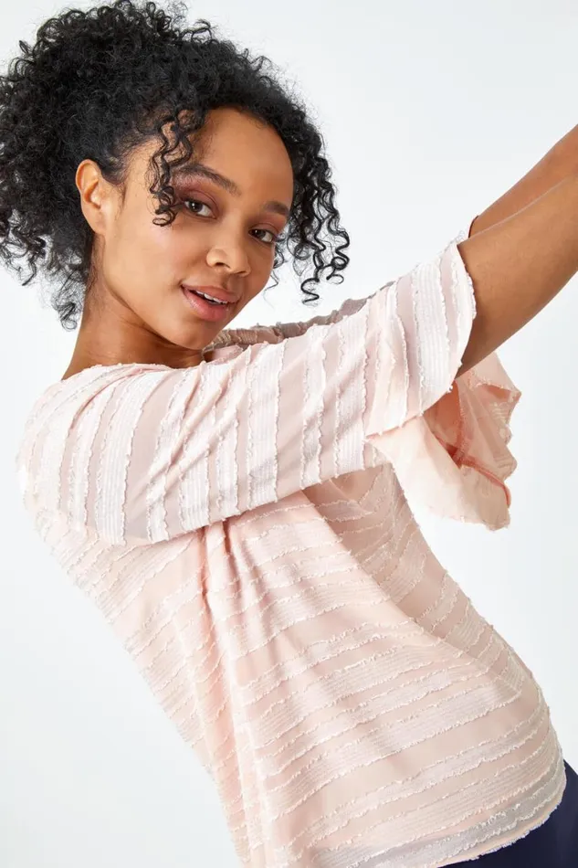 Women Light Pink Petite Burnout Stripe Top Roman Tops