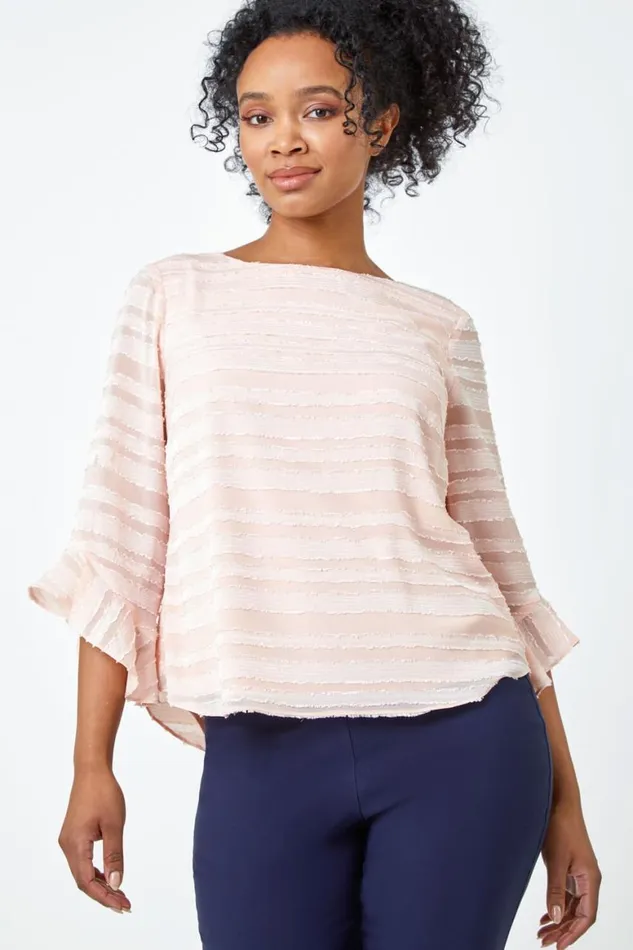 Women Light Pink Petite Burnout Stripe Top Roman Tops