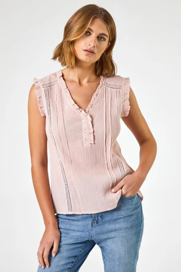 Women Light Pink Ruffle Detail Cotton Crinkle Top Roman Tops