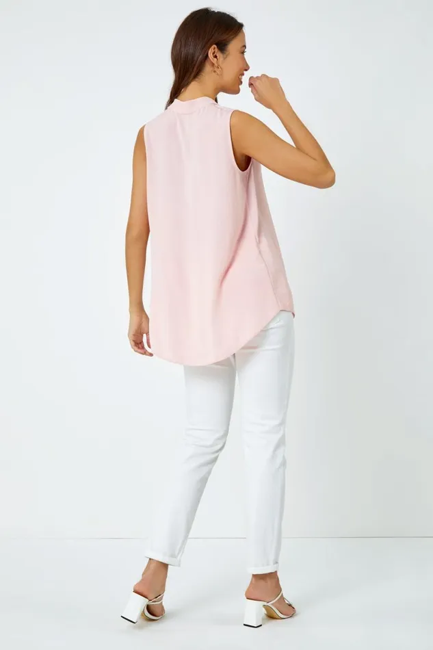 Women Light Pink Sleeveless Pleat Detail Blouse Roman Tops