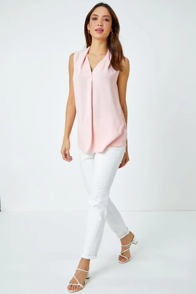 Women Light Pink Sleeveless Pleat Detail Blouse Roman Tops