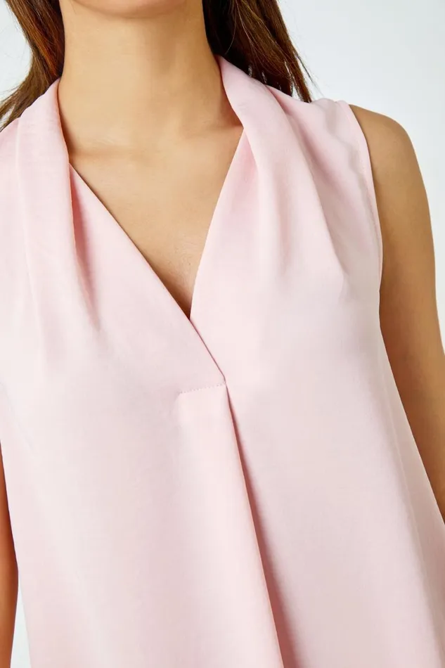 Women Light Pink Sleeveless Pleat Detail Blouse Roman Tops